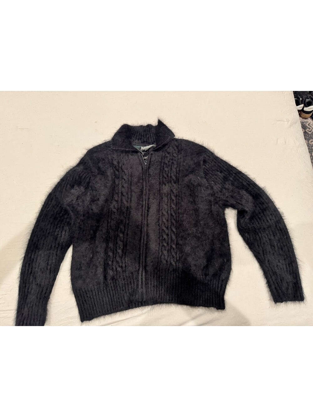 Vintage Venesha Black Angora Cardigan Sweater Jacket - Women's Size Large